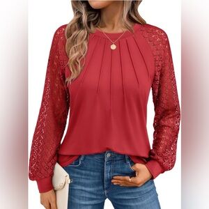 Elegant Red Lace Sleeve Top Large